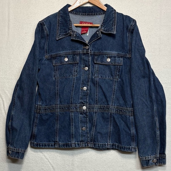 Zena Jackets & Blazers - Zena Jeans Women's Dark Blue Jean Jacket Y2K Feminine Cinched Waist Denim XL